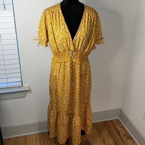 Indulge Boho peasant ruffle bottom‎ shirt sleeves V neck mustard ivory dress 1X